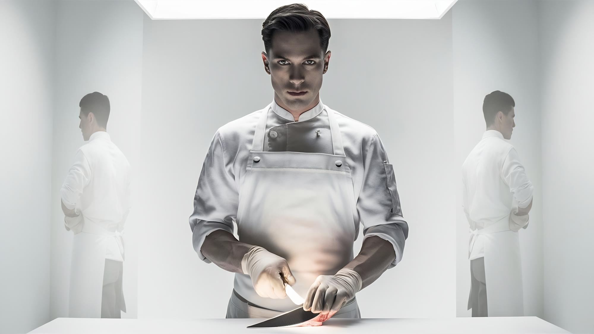 Chef digitale che dimostra tecnica di taglio